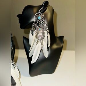 Metal Dream Catcher with Feather Earrings - Gray and white - New